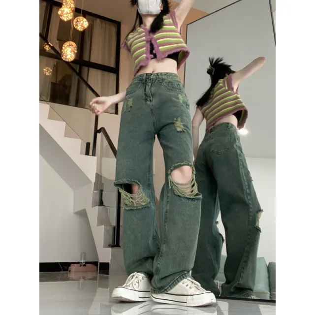 American Dark Green Torn Jeans With Wide Leg Pants For Women Green - Shop at LoveMi