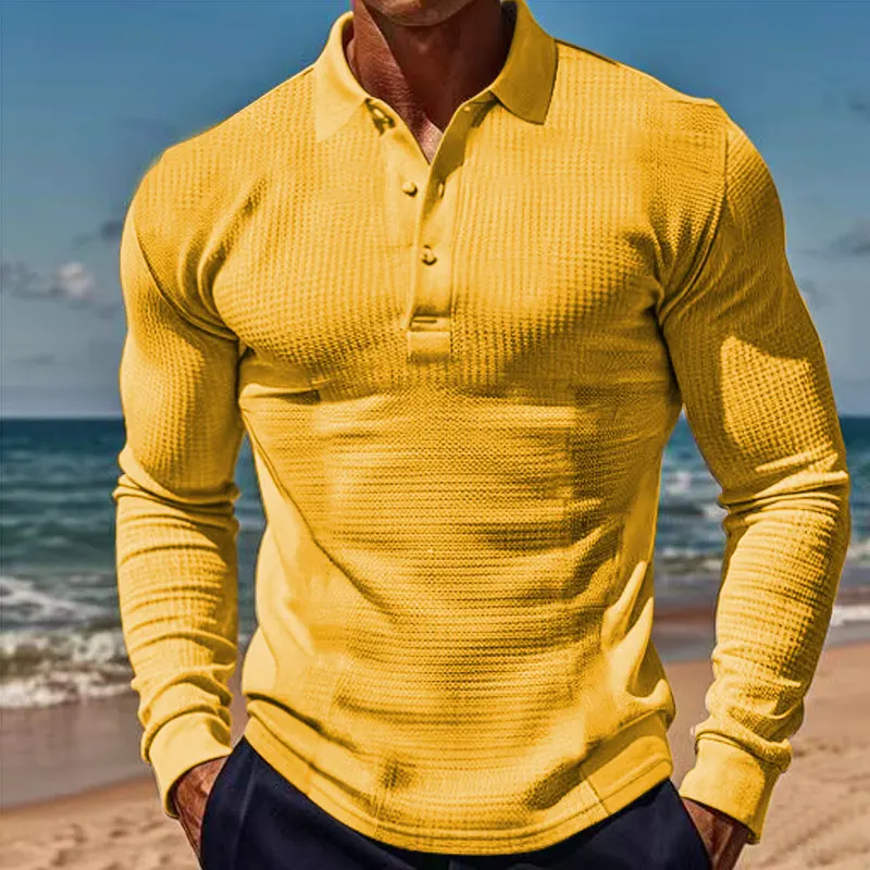 American Men's T-shirt Waffle Casual Polo Collar Button Slim-fit