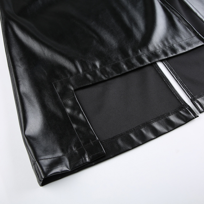Stitching Ruffle Long Leather Skirt