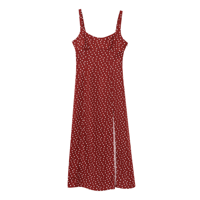 Linen Blended Polka Dot Midi Skirt Suspender Red Dress