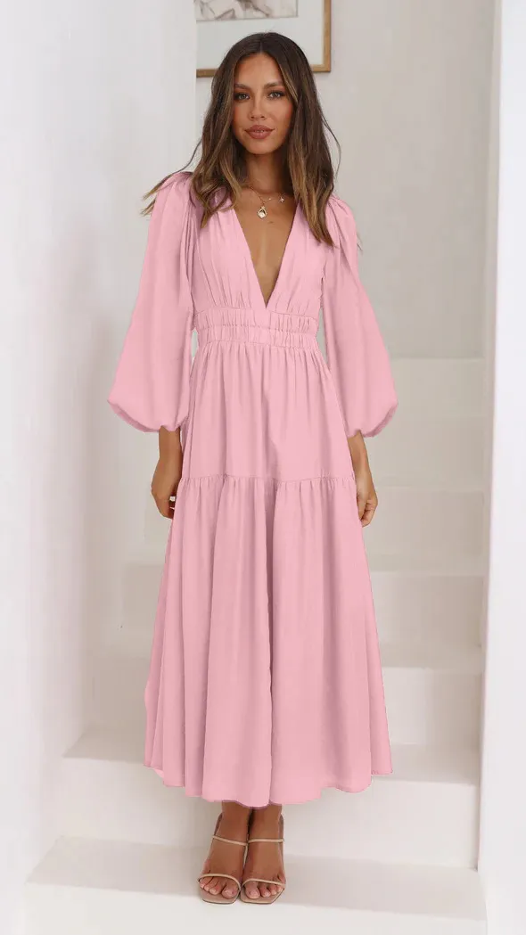 V neck Waist controlled Long Sleeves Dress Women Pink - Shop at LoveMi