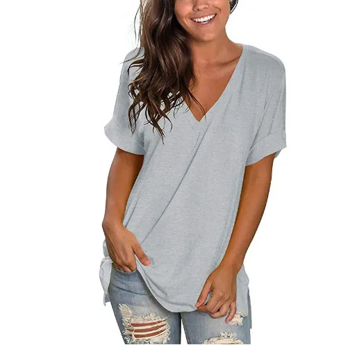 Fashion Women's Wear V neck Loose Top Light Gray - Shop at LoveMi