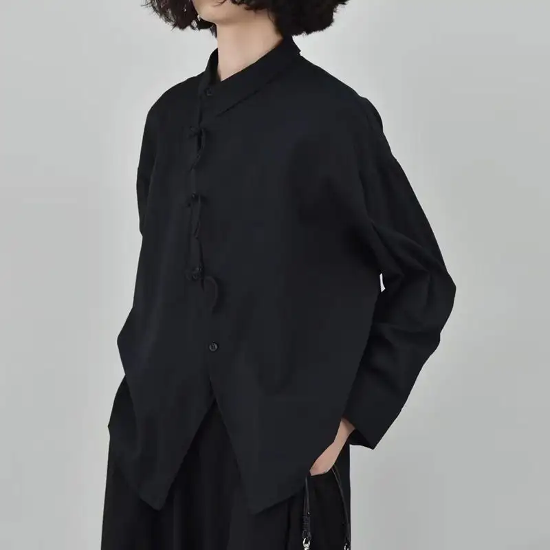 Dark-style Niche-design Womens Shirt Loose-fitting New Chinese-style Top With Frog Buttons And Long Sleeves