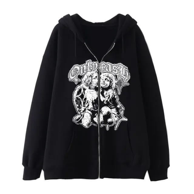Women's Casual Hoodie Wings Angel Zipper Sweater Black Cutout - Shop at LoveMi