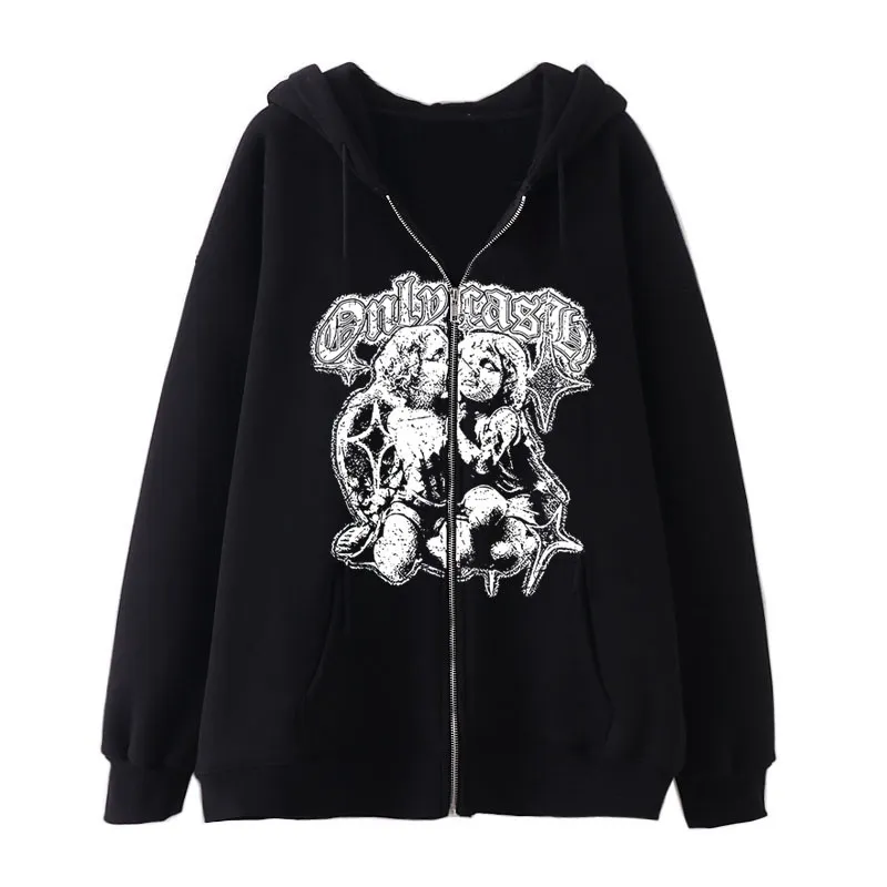Women's Casual Hoodie Wings Angel Zipper Sweater - Black Cutout