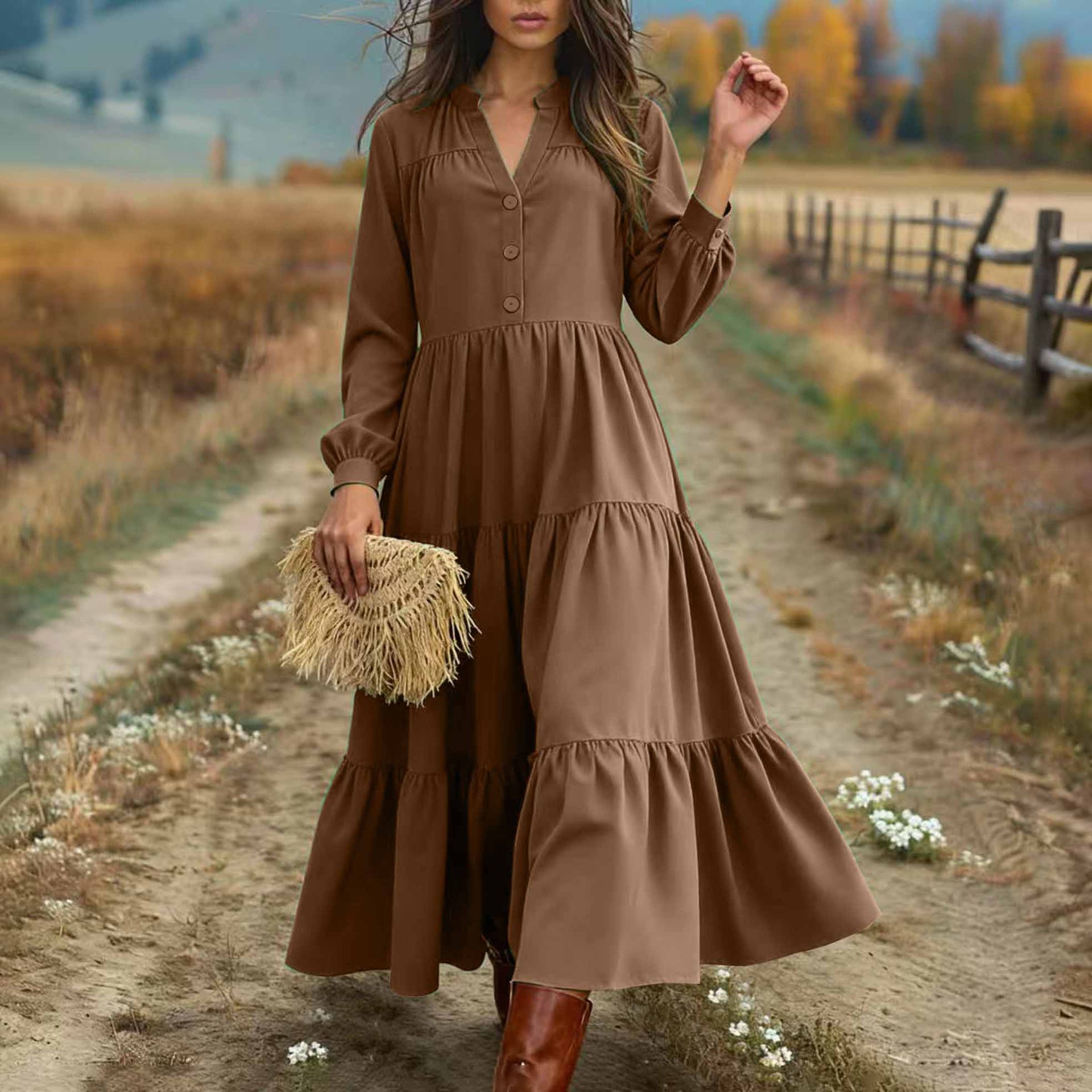 Elegant Western style long sleeved patchwork dress for spring and autumn Brown - Shop at LoveMi
