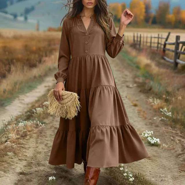 Elegant Western style long sleeved patchwork dress for spring and autumn Brown - Shop at LoveMi