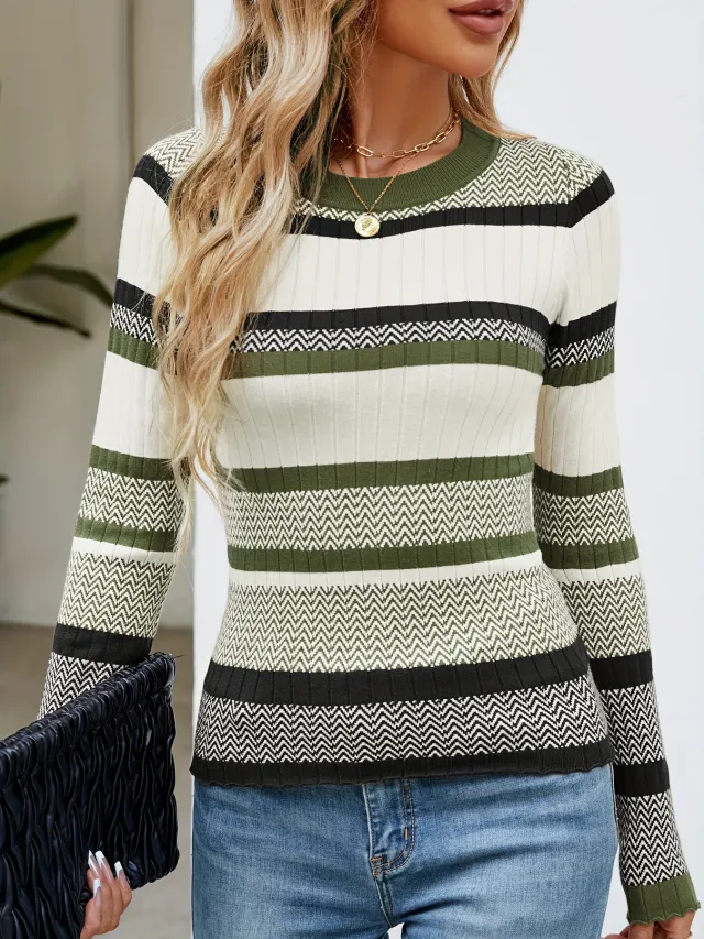 Contrast Color Striped Thread Top Fashion Sweater Women's Olive - Shop at LoveMi