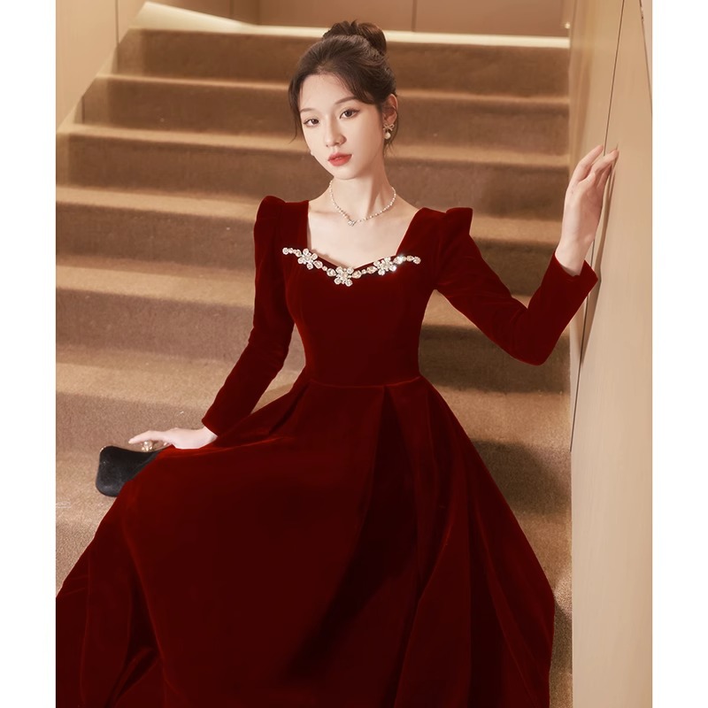 High end High end French Style Winter Long Sleeve Evening Dress For Women Burgundy - Shop at LoveMi