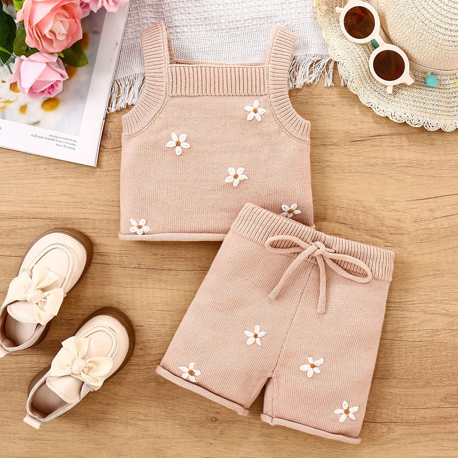 Girls' Suit Sweet Flowers Embroidered Strap Vest Fake Drawstring Bow Shorts