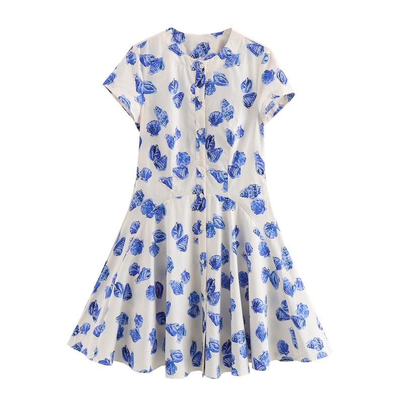 European And American Fashion Printed Round Neck Loose Leisure Short Dress Blue Flower - Shop at LoveMi