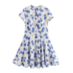 European And American Fashion Printed Round Neck Loose Leisure Short Dress - Blue Flower - View 1
