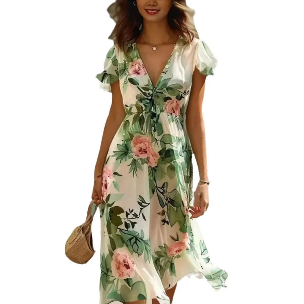 Printed Bohemian Women's V-neck Mid-length Dress - Color