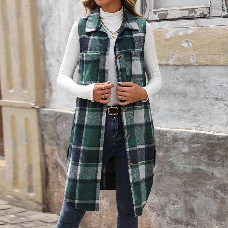 Women's Retro British Style Commute Leisure Lapel Long Plaid Coat - Green