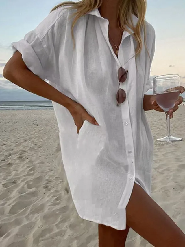 Women's Casual Loose Fit Fashionable Cotton Linen Solid Color Short Sleeve Top White - Shop at LoveMi