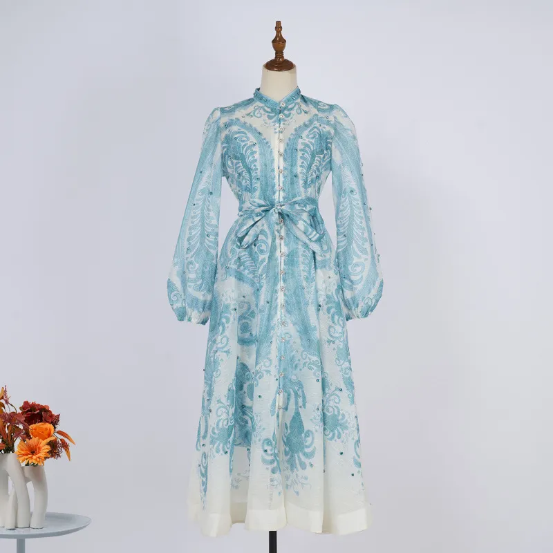 Seaside Vacation Summer Round Neck Slim Fit Dress - Light Blue