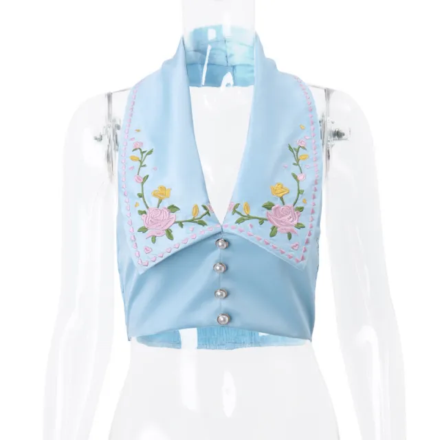 Sexy Lapel Breasted Flower Embroidered Printed Halterneck Vest Female Red - Shop at LoveMi