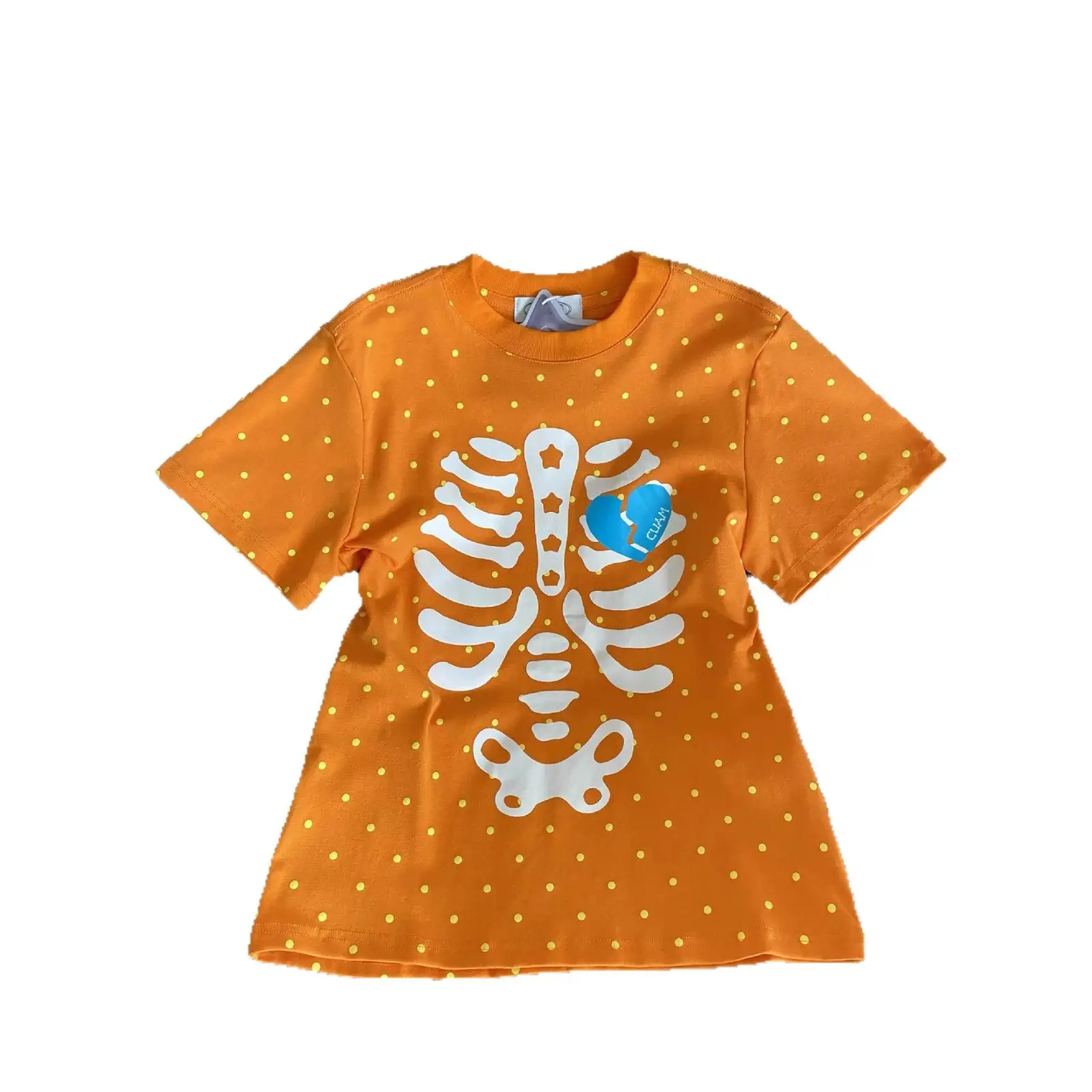 Short-Sleeve Crew Neck T-Shirt with Skeleton and Polka Dot Print