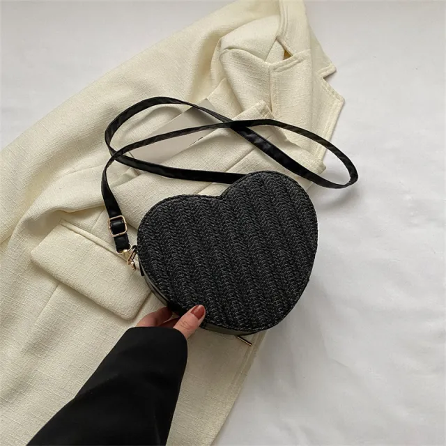 Straw Shoulder Cute Heart Shape Mini Crossbody Bag Black - Shop at LoveMi