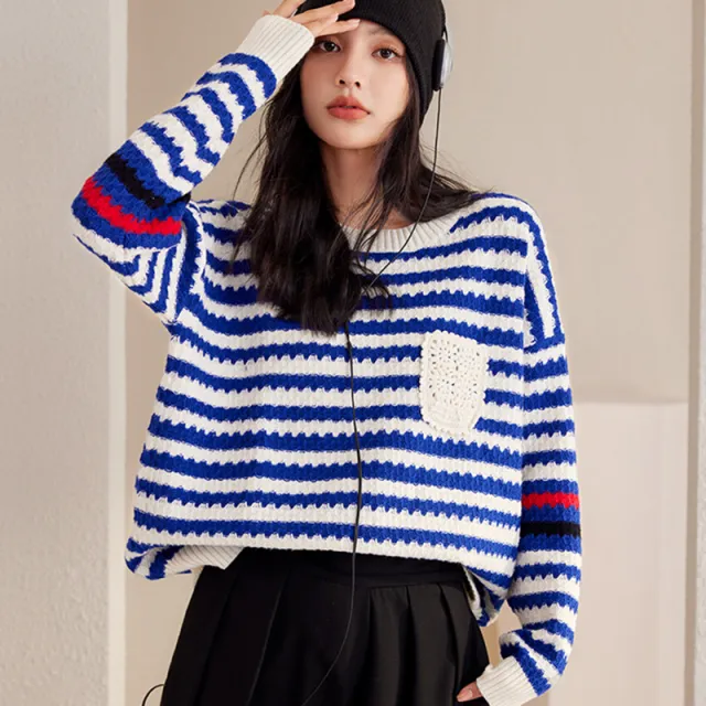 Autumn And Winter Blue Women's Striped Pullover Fashionable Sweater Blue - Shop at LoveMi