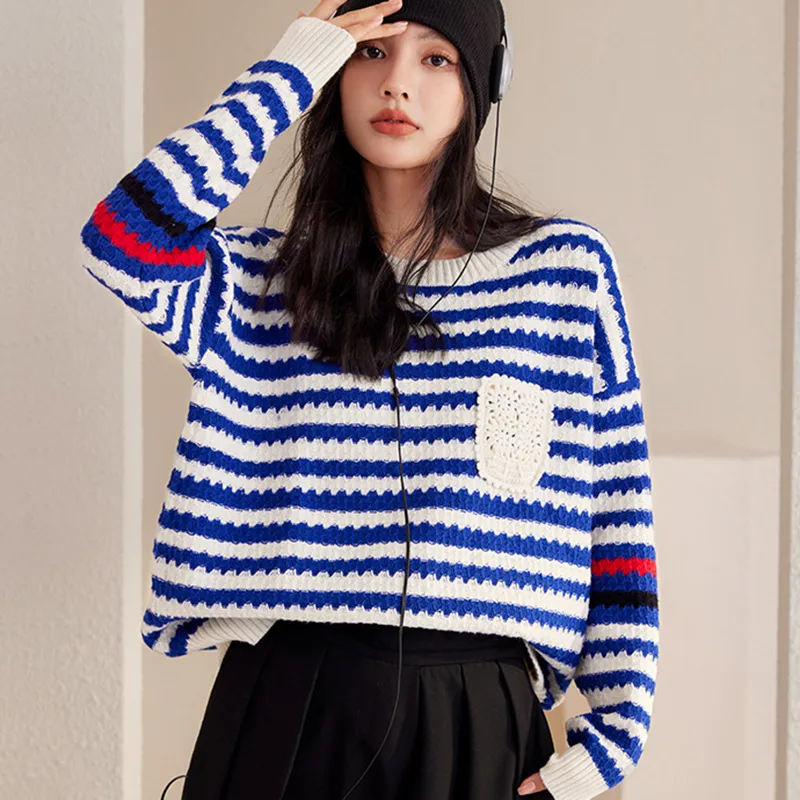 Autumn And Winter Blue Women's Striped Pullover Fashionable Sweater - Blue