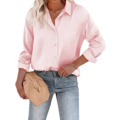 Women's Satin Silk Button Shirt European And American Leisure Loose Long Sleeve Satin Top - Pink - View 1