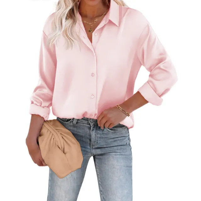 Women's Satin Silk Button Shirt European And American Leisure Loose Long Sleeve Satin Top Pink - Shop at LoveMi