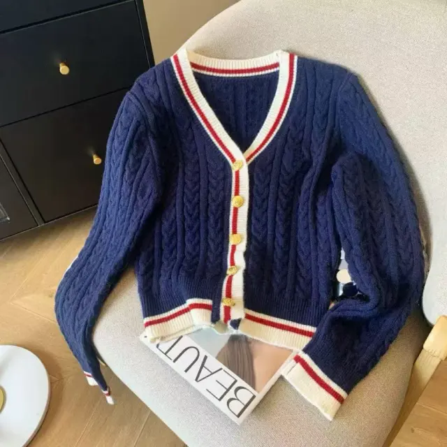Western Style Slimming Cable knit Sweater Coat Navy Blue - Shop at LoveMi