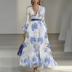 Printed Elegant Catwalk Party Holiday Women's High Sense Long Dress - Blue Flower - View 1