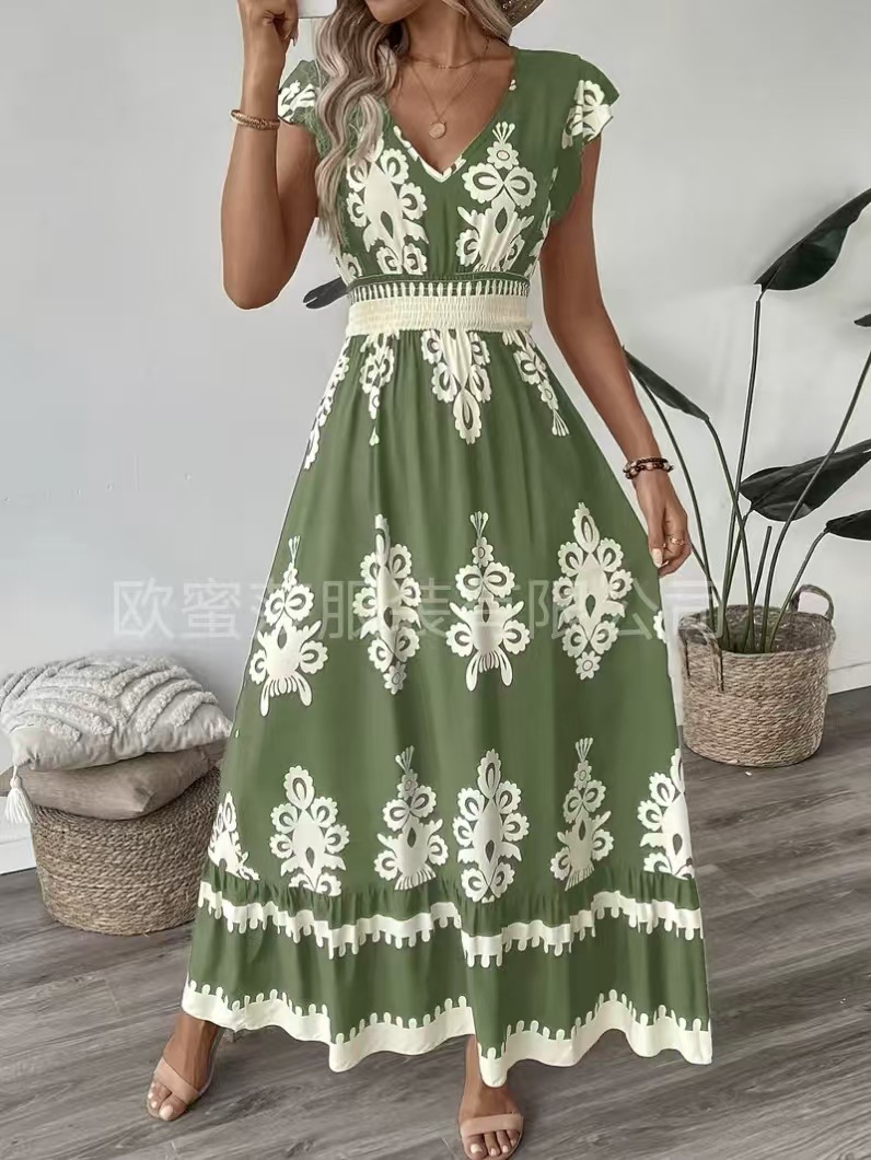 Vacation Style Printed V neck Large Swing Dress Green - Shop at LoveMi