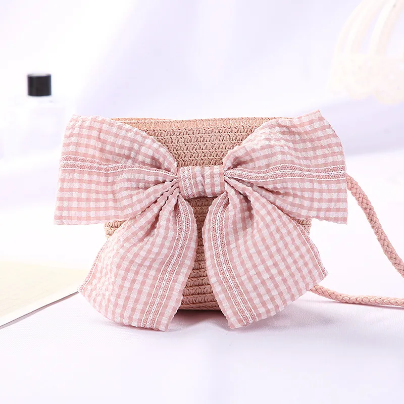 New Girls Big Bow Sun-proof Straw Hat Bag Set - Pink Bow Bag Pink