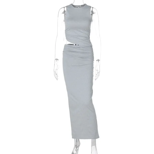 Round Neck Sleeveless Slim Fit Slit Skirt Suit Gray - Shop at LoveMi