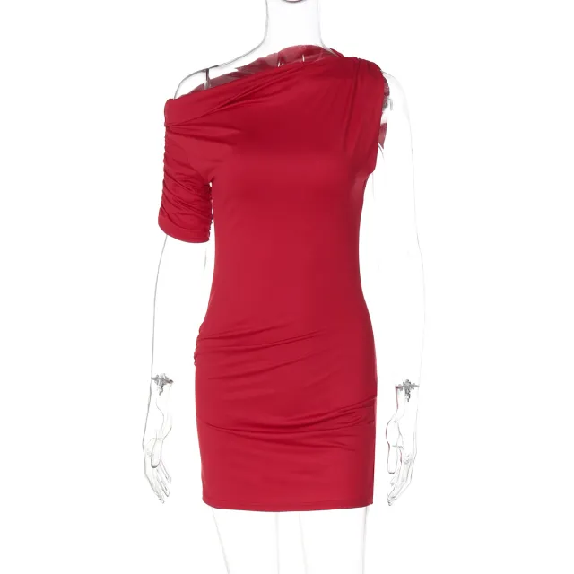 Diagonal Collar Short Sleeve Sexy Sheath Asymmetric Dress Red - Shop at LoveMi