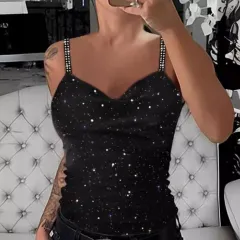 Women's Summer Sling Hot Drilling V-neck Sleeveless Vest - Black - View 1