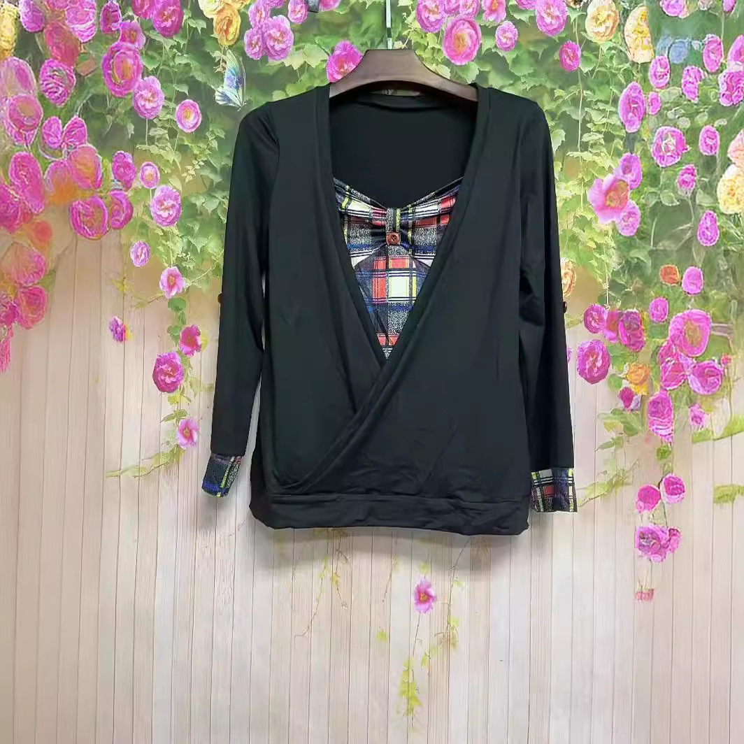 Top Women's Plaid Solid Color Long Sleeve