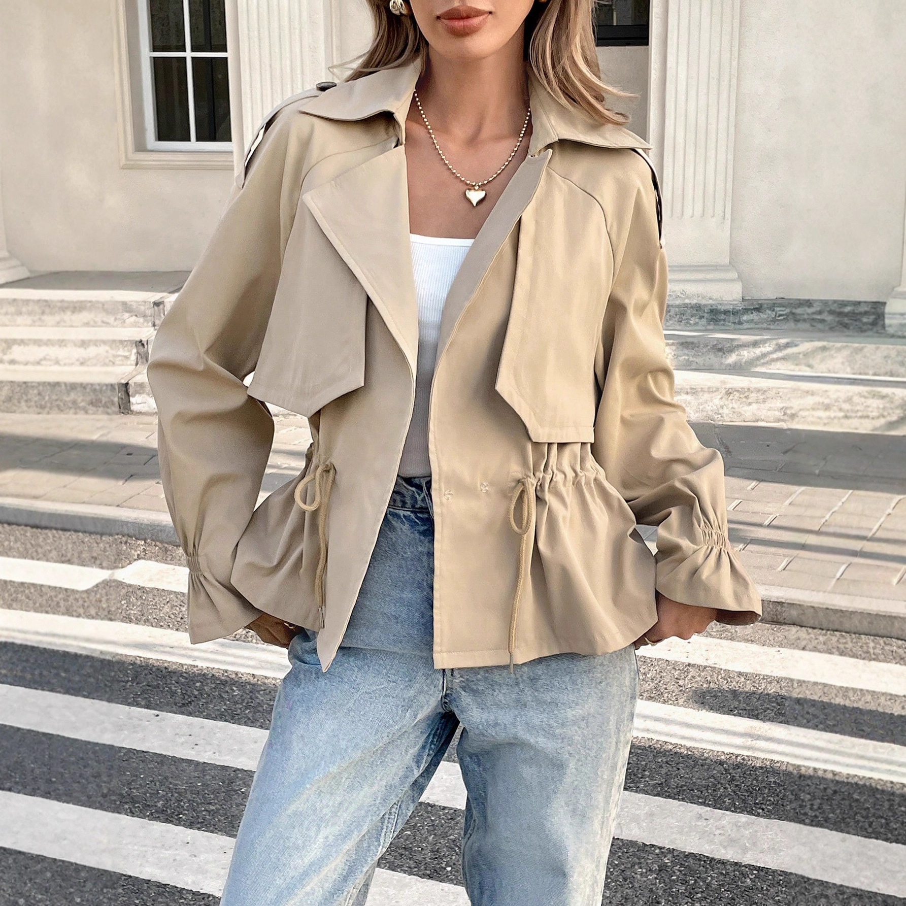 Drawstring-waist Relaxed-fit Figure-flattering Trendy Coat For Petite Frames