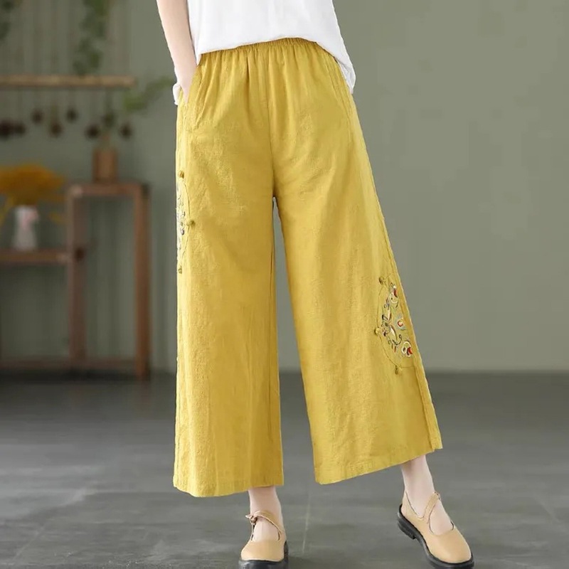 Cotton-linen Solid-color Elastic-waist Loose-fitting Multi-color Straight-leg Wide-leg Pants