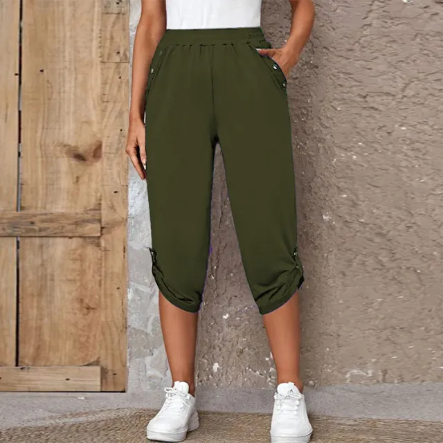 Fashion Cropped Trousers With An Elasticated Waist Women Army Green - Shop at LoveMi