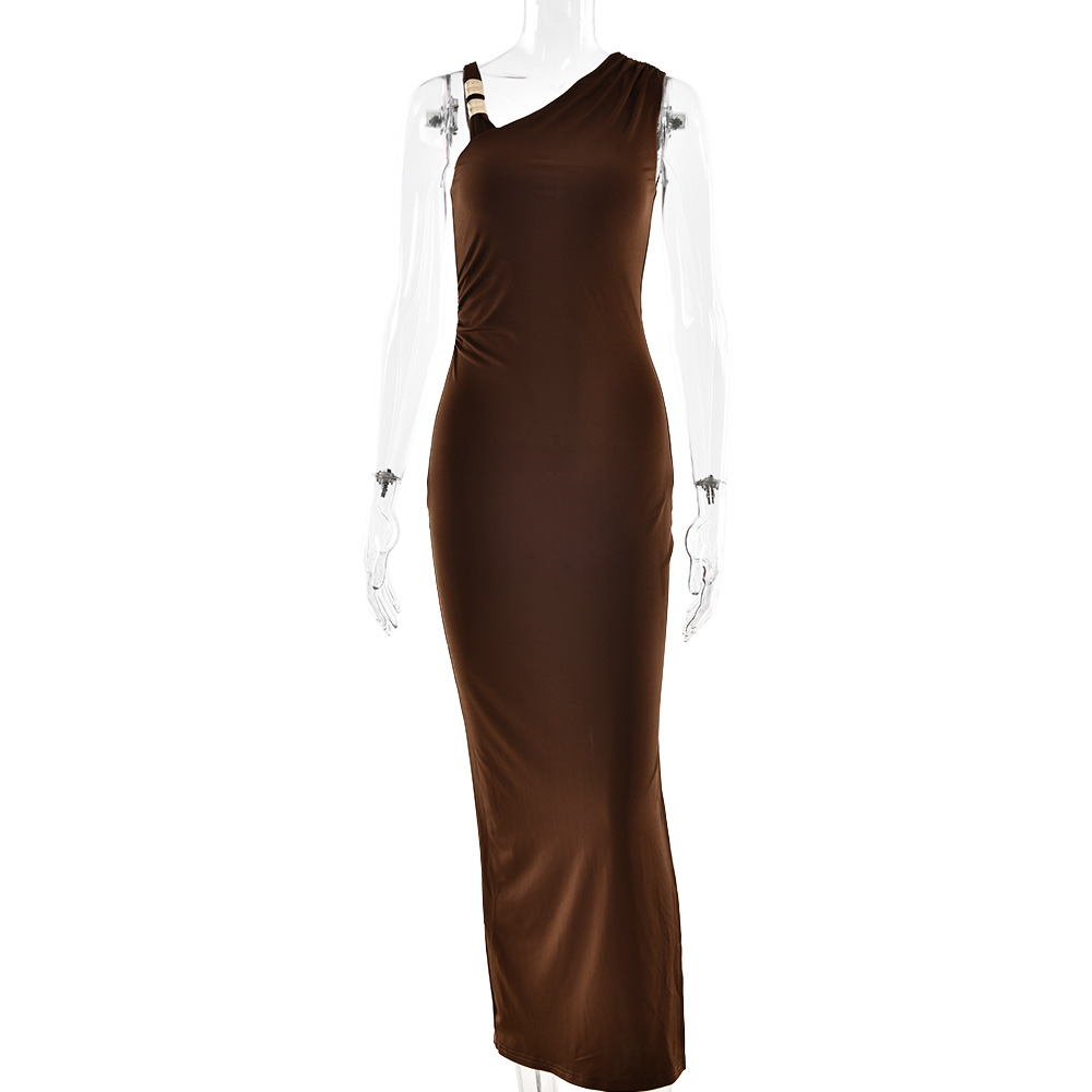 Sexy Solid Color Crossbody Sleeveless Slim Fit Waist controlled Skirt Brown - Shop at LoveMi