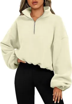 Women's Half Zipped Stand Collar Drawstring At Hem Polar Fleece Autumn Winter Sweater - Tan - View 1