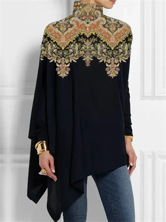 Irregular Hem Loose Casual Print Long Sleeve Turtleneck Bottoming Shirt Glt18 - Shop at LoveMi