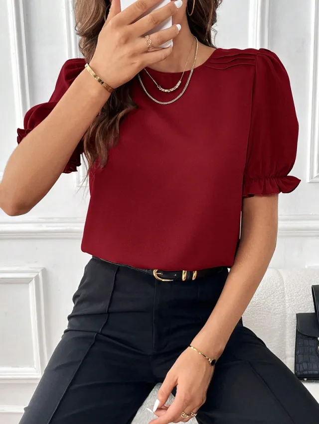 Fashion Temperament Pure Color Round Neck Shirt Top Wine Red - Shop at LoveMi