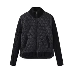 Spring New Women's Nylon Fabric Quilted Cotton Sweater Jacket Coat - Black - View 1