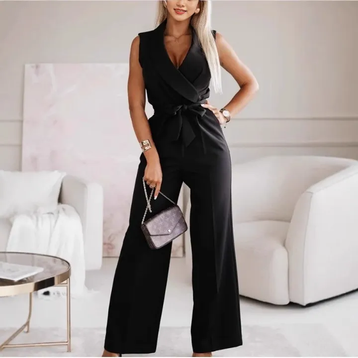 Women's Sleeveless Lapel-collar Wide-leg Jumpsuit With Belt And Pockets - Black