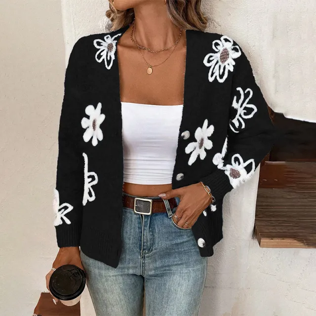 Flowers Print Button Front Cardigan Black - Shop at LoveMi