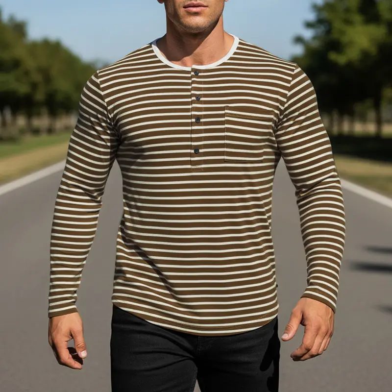 Mens Casual Long-sleeve Striped T-shirt