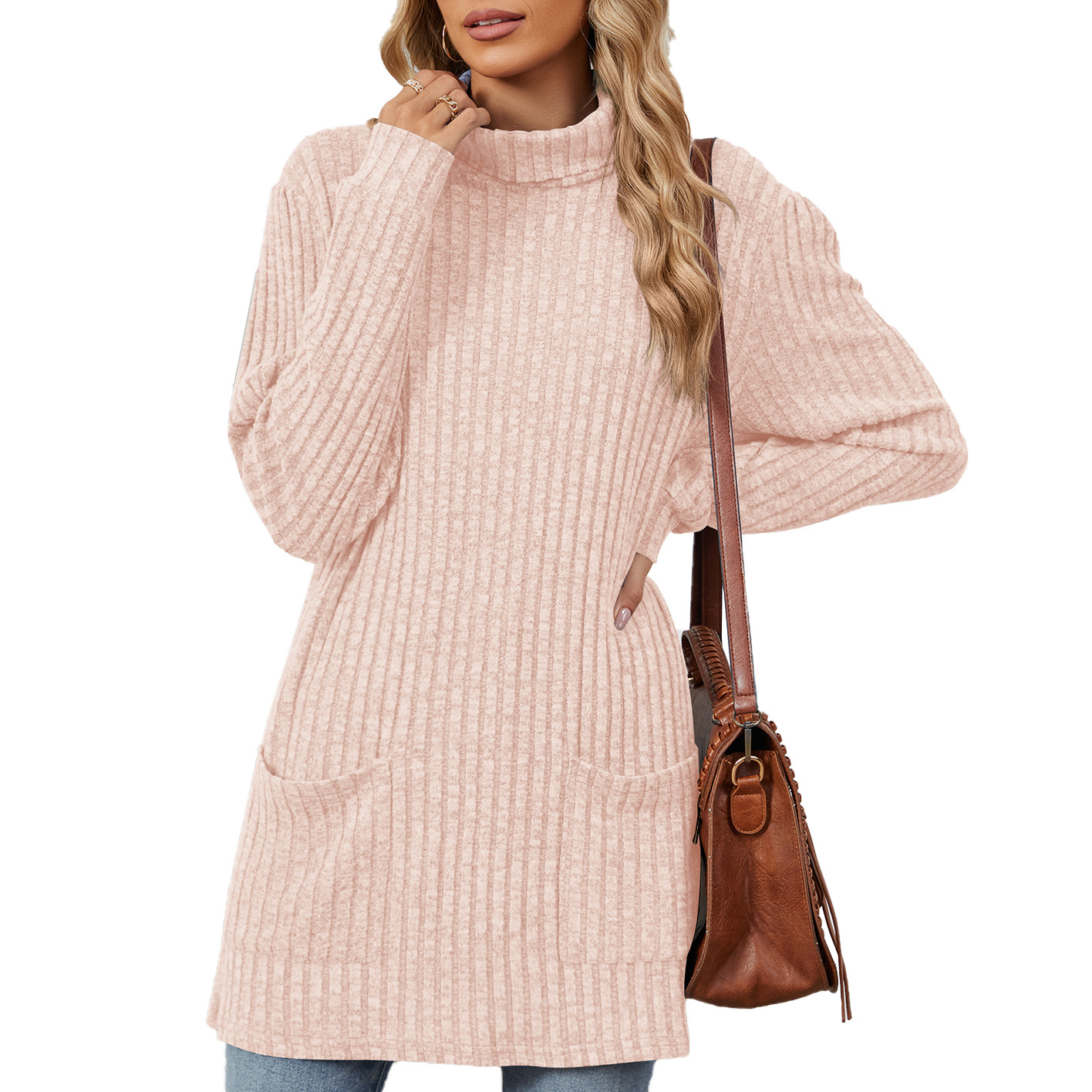 Mock-neck Long-sleeve Casual Womens Top With Pockets