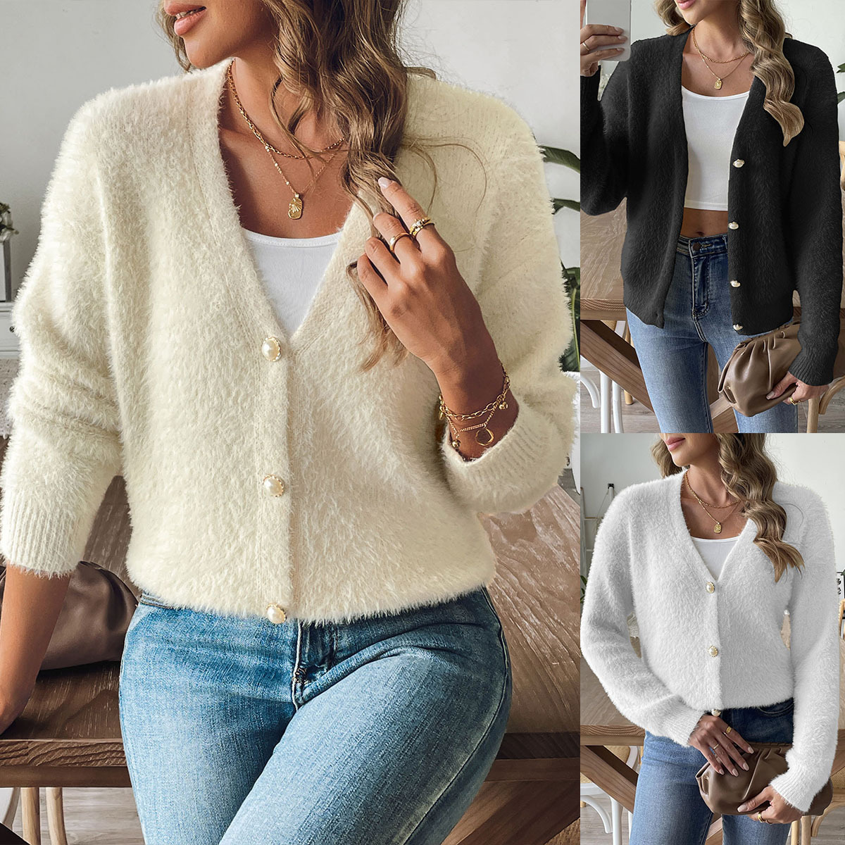 Button Woven Short Coat Sweater Cardigan