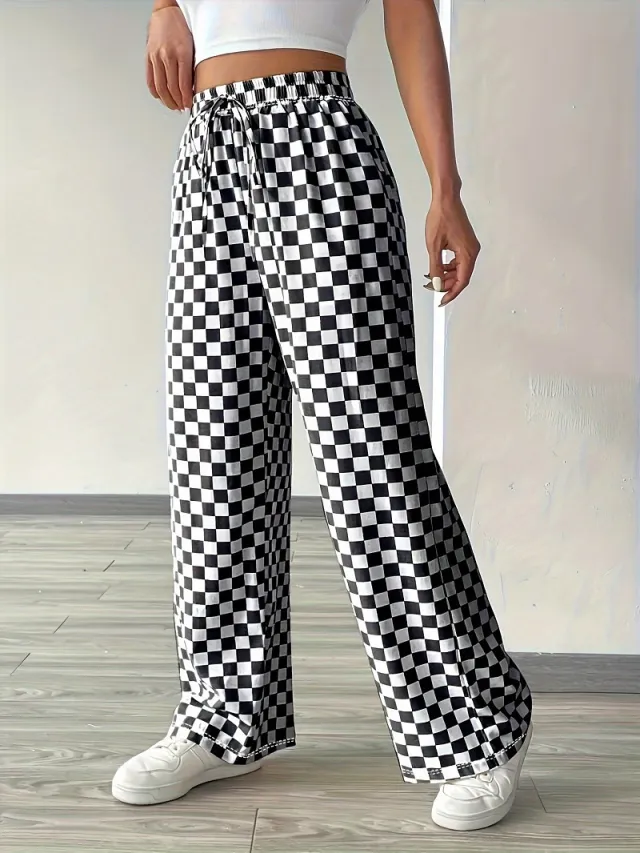 Women's Casual High waisted Checkered Straight leg Pants White - Shop at LoveMi