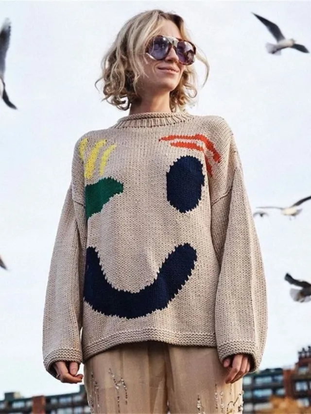 Women's Knitted Cartoon Pattern Pullover Crew Neck Sweater Khaki - Shop at LoveMi
